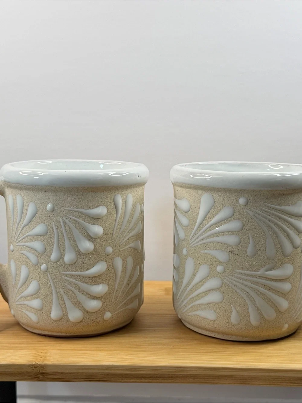 Ceramex Handmade Mexican Pottery Mugs Set of 2 16oz Cream White Hand Painted NEW